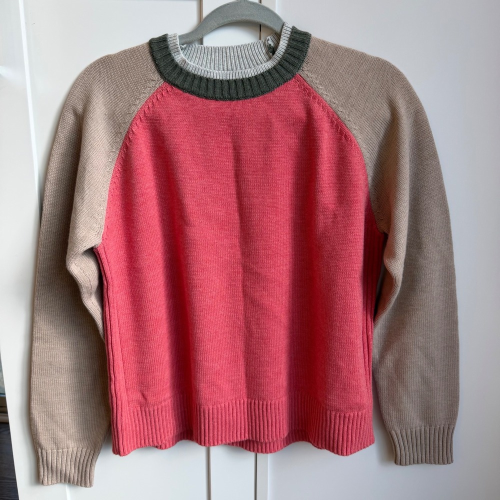 Title Nine Mendocino Merino Blend Sweater Womens M Pink Tan Colorblock Crew Neck